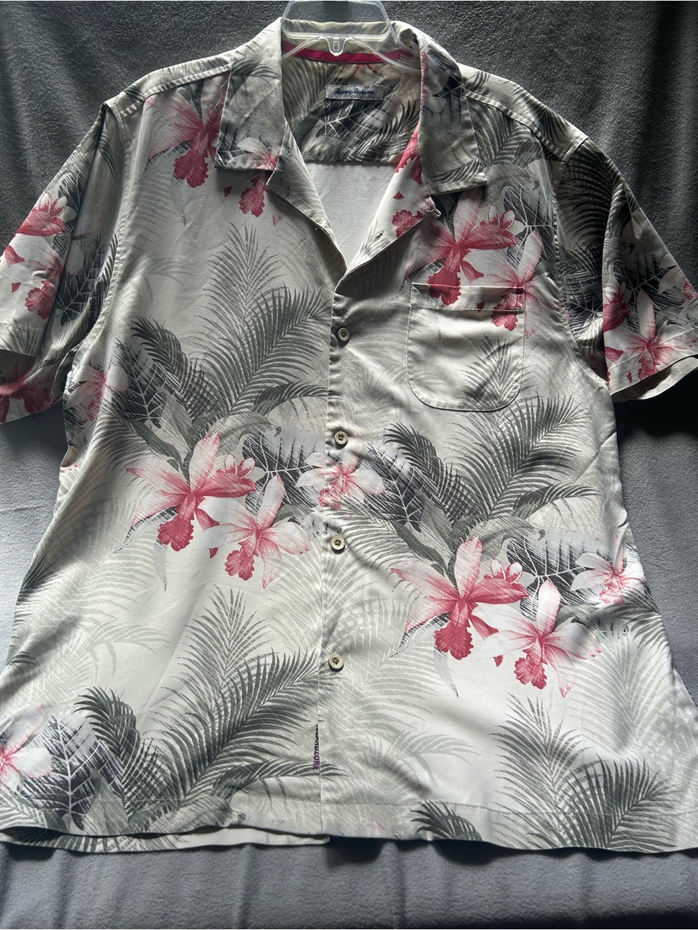Tommy Bahama White Button-Down Shirt with Pink & Gray Floral Print